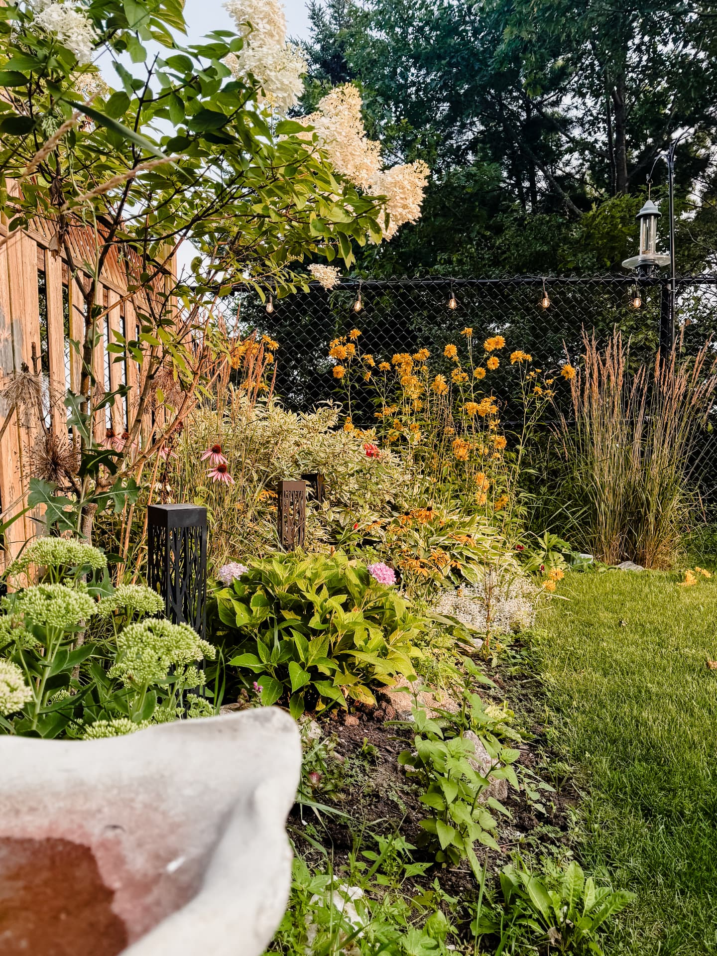 A late-summer garden border in full bloom